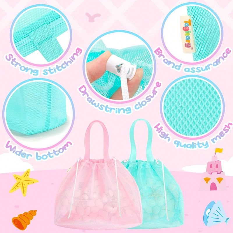 Borsa da spiaggia per bambini con coulisse e rete, 2 pezzi, essenziale per spiaggia, piscina, viaggi, campeggio, regalo di compleanno leggero e pieghevole._voghion.com