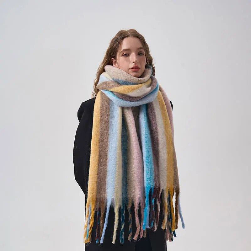 Coreano quente impressão cachecol feminino inverno outono engrossar grande arco-íris vertical listrado xale macio cashmere cobertor cachecóis_voghion.com