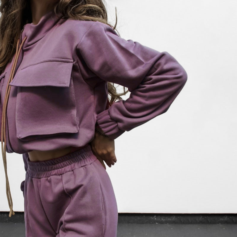 Women's solid color zipper double bag drawstring long sleeve shirt fashion casual long pantsuit_voghion.com