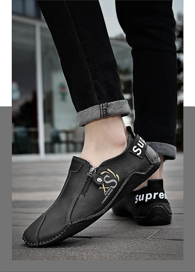 New Bean Heren Koreaanse Editie Handgemaakte Casual Rits Dagelijks Sport Rijden Leren Grote Maat Trendy Enkel Schoenen_voghion.com