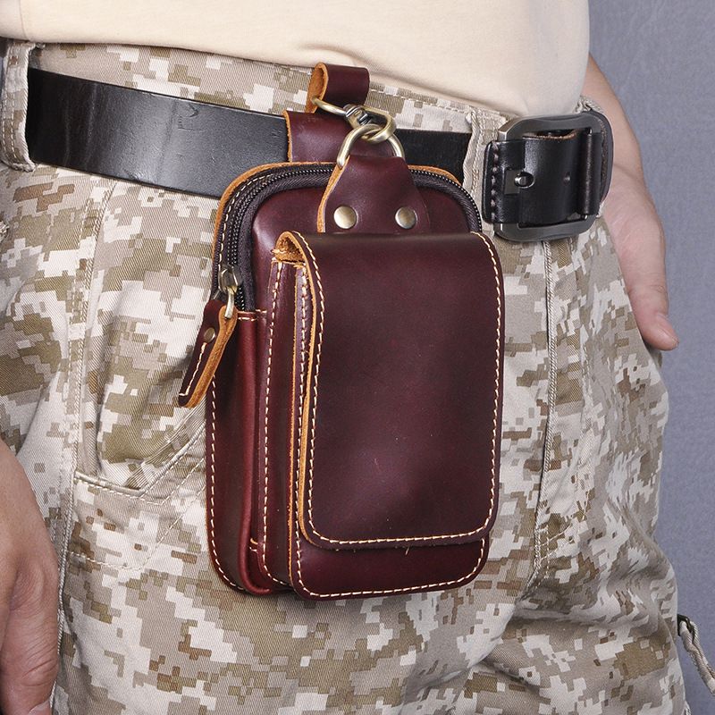 Head layer Crazy Horse Leather Cowhide Men's Trendy Cool Phone Camera Outdoor 6-inch Small Waist Bag with Hook 1609_voghion.com