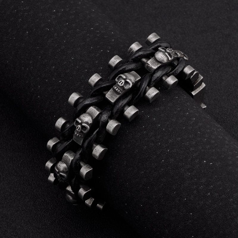 Hip-Hop-Stil Titan Stahl Schnalle Leder Totenkopf gewebt Herren Armband Punk Schmuck_voghion.com