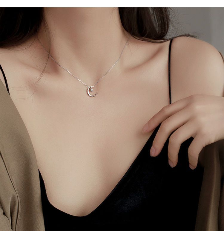 Collana con stella e luna per donna, argento puro, ciondolo dal design di nicchia, stile Ins, semplice e alla moda, clavicola leggera e lussuosa_voghion.com