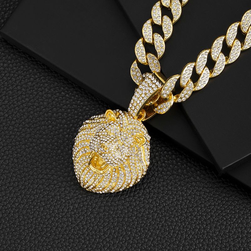Cool Full Dia Personality Three Dimensional Lion Head Pendant Cuban Necklace Street Hip Hop Style_voghion.com
