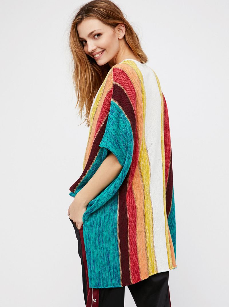 Women's Rainbow Stripe Knitted Beach Cover-Up – Lightweight Crochet Bikini Swimsuit Outerwear For Vacation & Poolside (One Size)_voghion.com