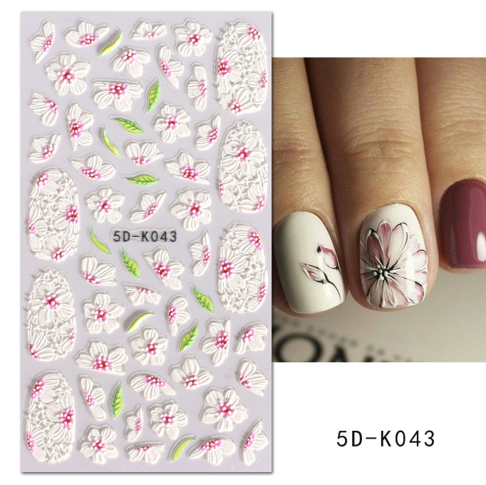 Classy Acrylic Flowers Engraved Nail Sticker Spring Pink Floral Leaf Design Adhesive Sliders Wedding Bride Manicure Decal JI5D-K_voghion.com