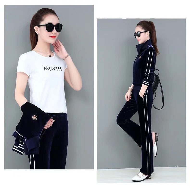 Women's Clothing Middle Aged And Elderly Sportswear Suits Autumn And Winter Gold Velvet Casual Slim Three Piece Suit_voghion.com