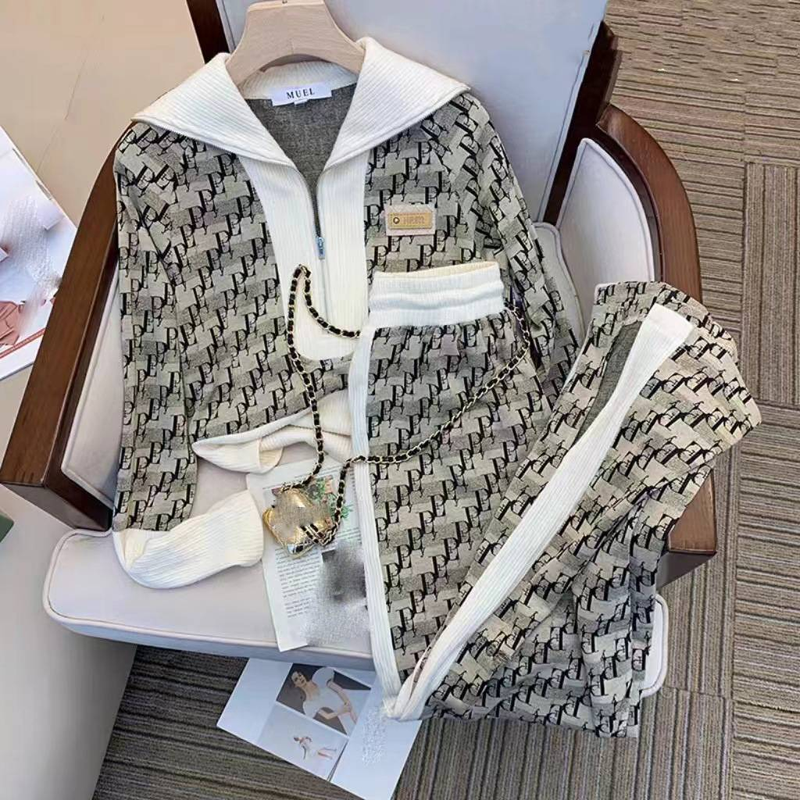 Vêtements pour femmes début d'automne mode haut de gamme style décontracté pull tricoté pantalon large costume deux pièces_voghion.com