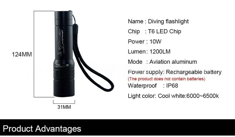 Zoomable T6 Diving Flashlight - 2000 Lumens Waterproof LED Torch With Rechargeable Battery & Aluminum Alloy Body For Scuba Diving_voghion.com