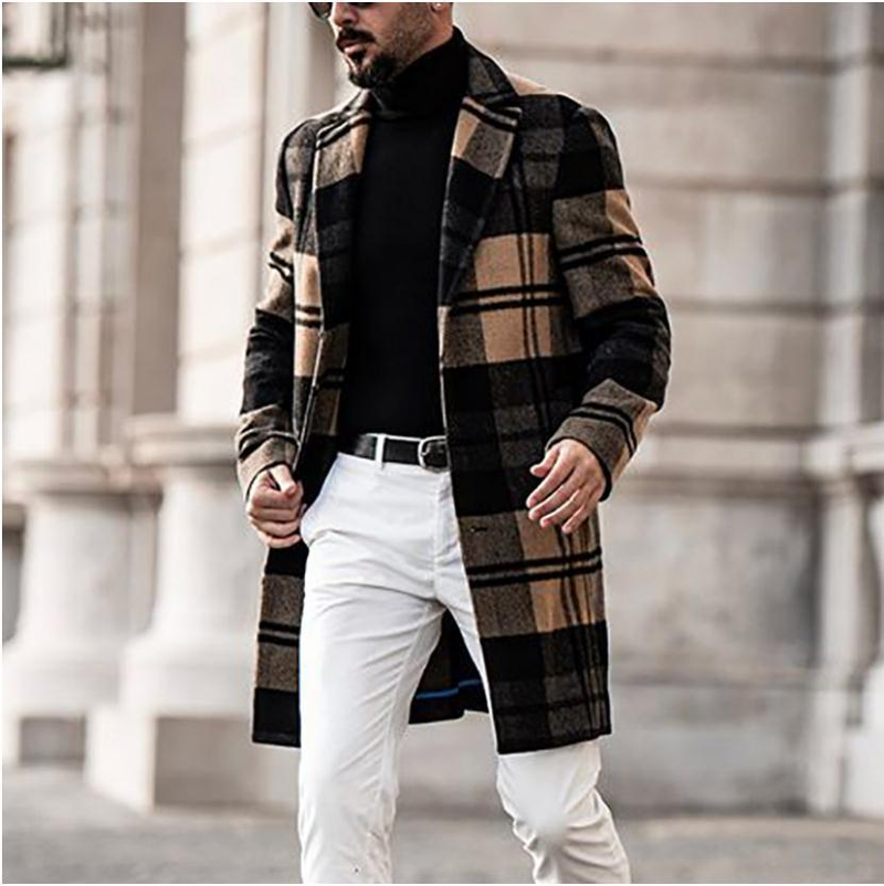 Men's Clothing Woolen Plaid Coat Mid Length Woolen Coat Wool Blend Plaid Overcoat - Slim Fit Long Coat With Multiple Pockets For Autumn & Winter_voghion.com