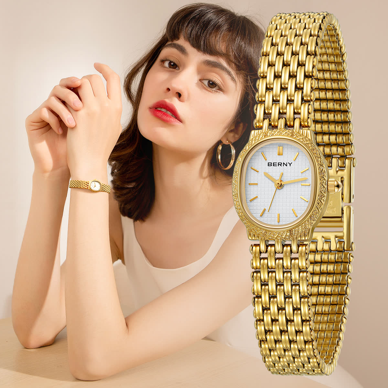 BERNY Small Gold Watches For Women Dainty Minimalist Oval Dial Stainless Steel Bracelet Watch Waterproof Luxury Ladies Quartz Watch With Tool Included_voghion.com