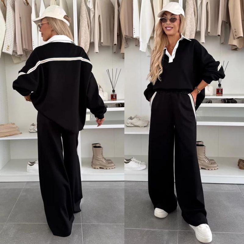 Damenbekleidung Lässiges Set aus Bluse mit Blockstreifen und weiten Hosen für Damen – Stilvolles zweiteiliges Outfit für Streetwear und Alltagskomfort_voghion.com