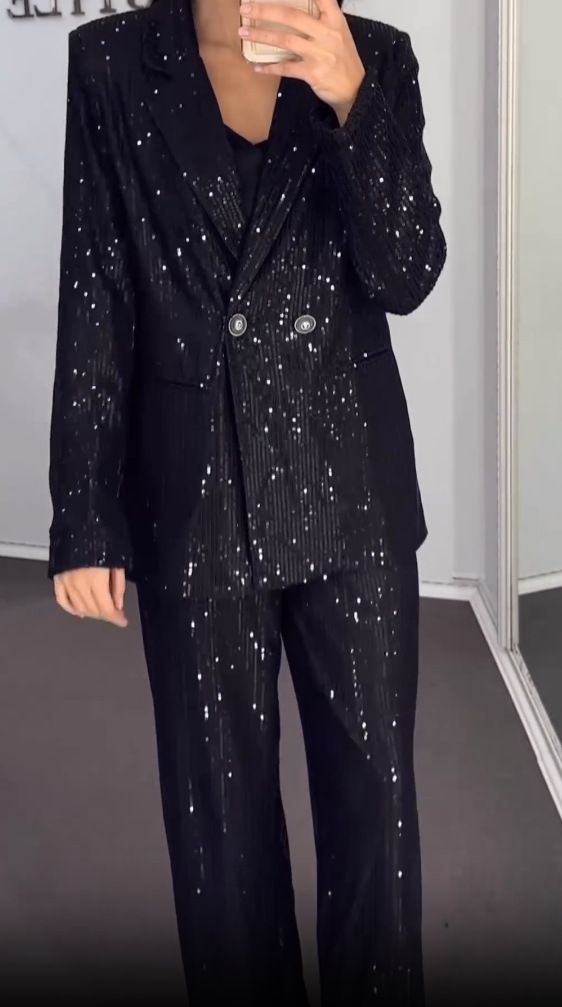 Damenbekleidung Lose Sternenpailletten Herbst- und Winteranzug Übergroßes Blazer-Set mit Allover-Sternenpailletten – Langarmanzug für Herbst und Winter_voghion.com