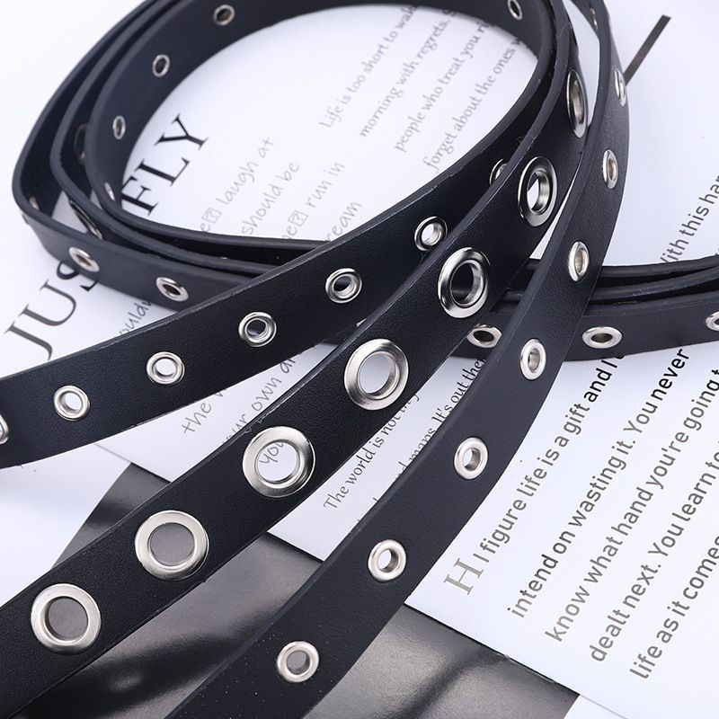 Combination black casual decoration jeans full hole eyelets paired with zero wallet waist bag belt_voghion.com