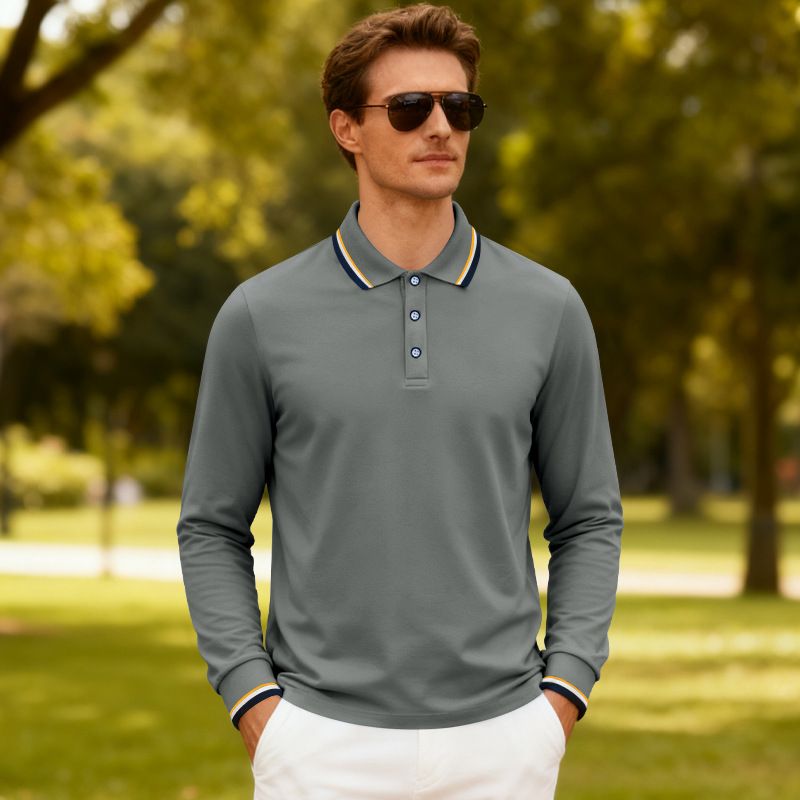 Men's Breathable Jacquard Polo Shirt - Loose Fit Long Sleeve Casual Top For Golf & Everyday Wear_voghion.com