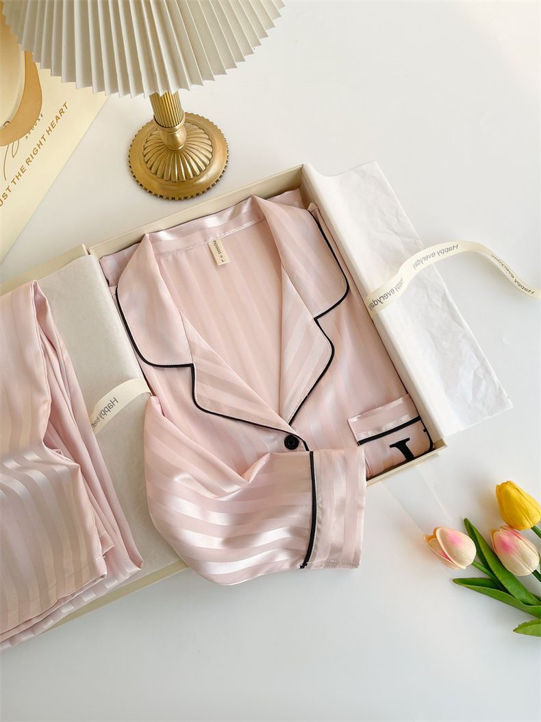 Women's Summer V-Neck Ice Silk Pajama Set – Long Sleeve & Pants, Soft & Breathable Loungewear (M-XL)_voghion.com