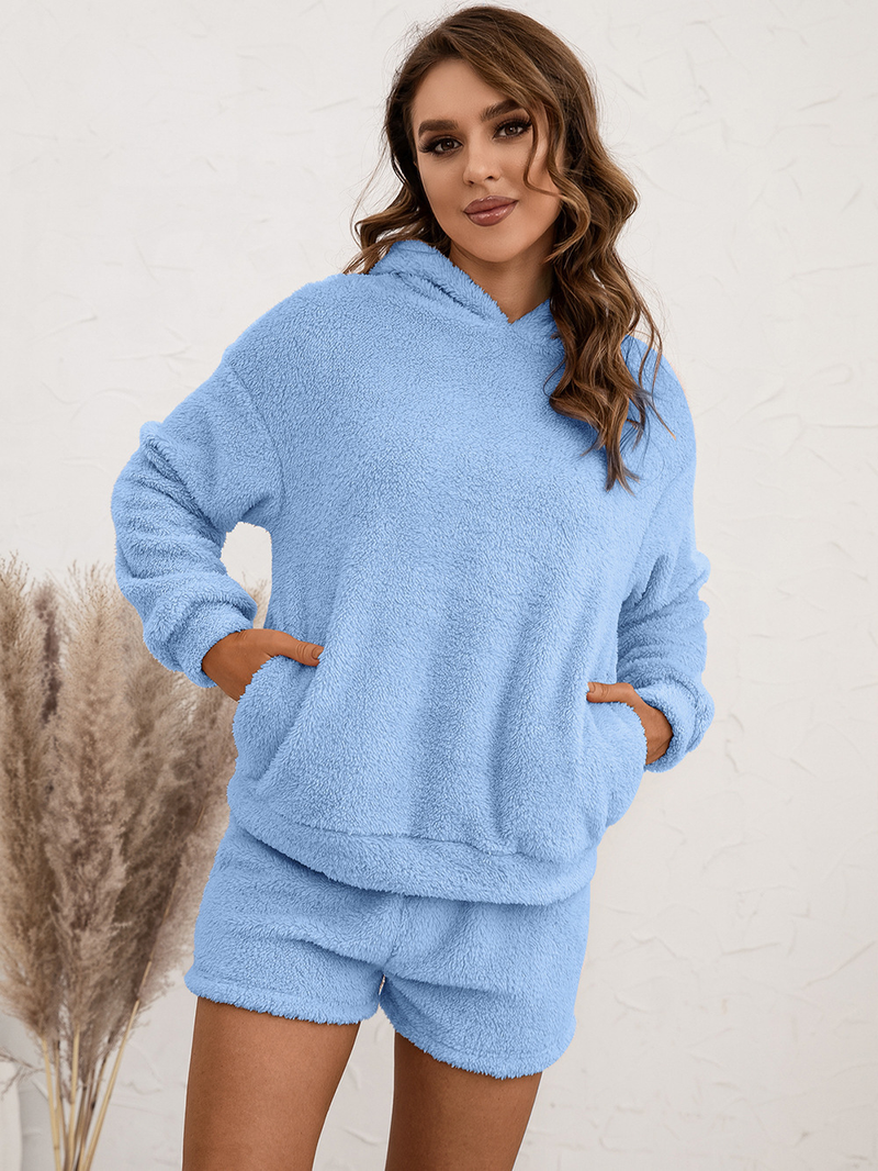 Pelziges Kapuzen-Sweatshirt-Set, lässige Heimkleidung, doppelseitiges Plüsch-Zweiteiler-Set für Damen_voghion.com