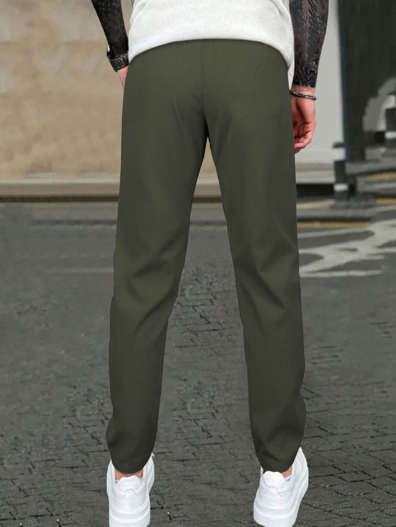 Pantaloni casual slim fit da uomo - Tinta unita, design a nove punti, dettaglio etichetta in pelle, comodi pantaloni con tasche_voghion.com