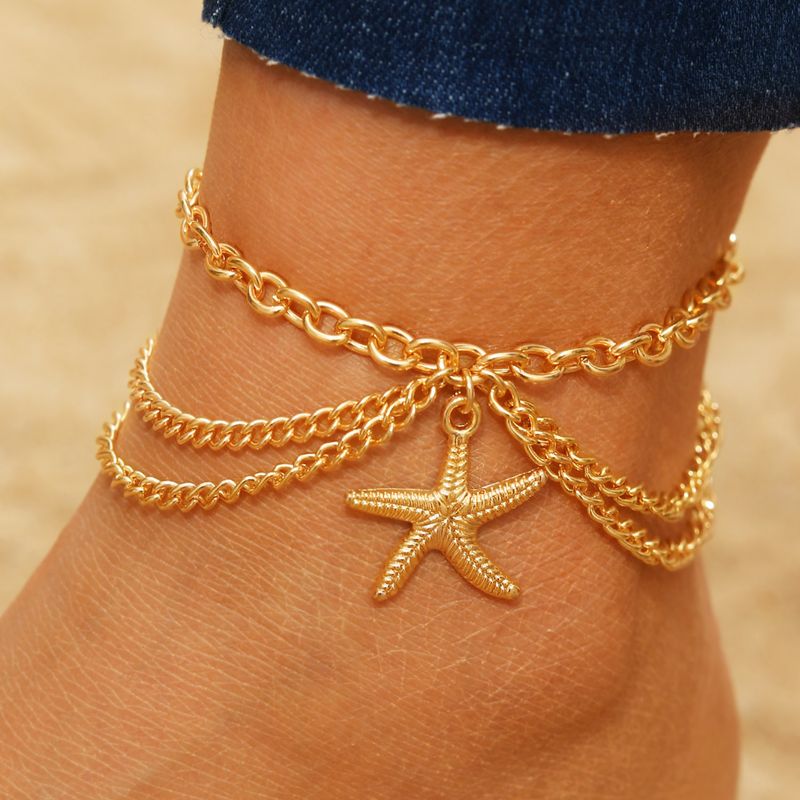Women's New Beach Summer Vacation Bohemian Multi-layer Leg Chain Hollow Chain Foot Decoration Fringed Starfish Pendant Three-layer Anklet Women_voghion.com