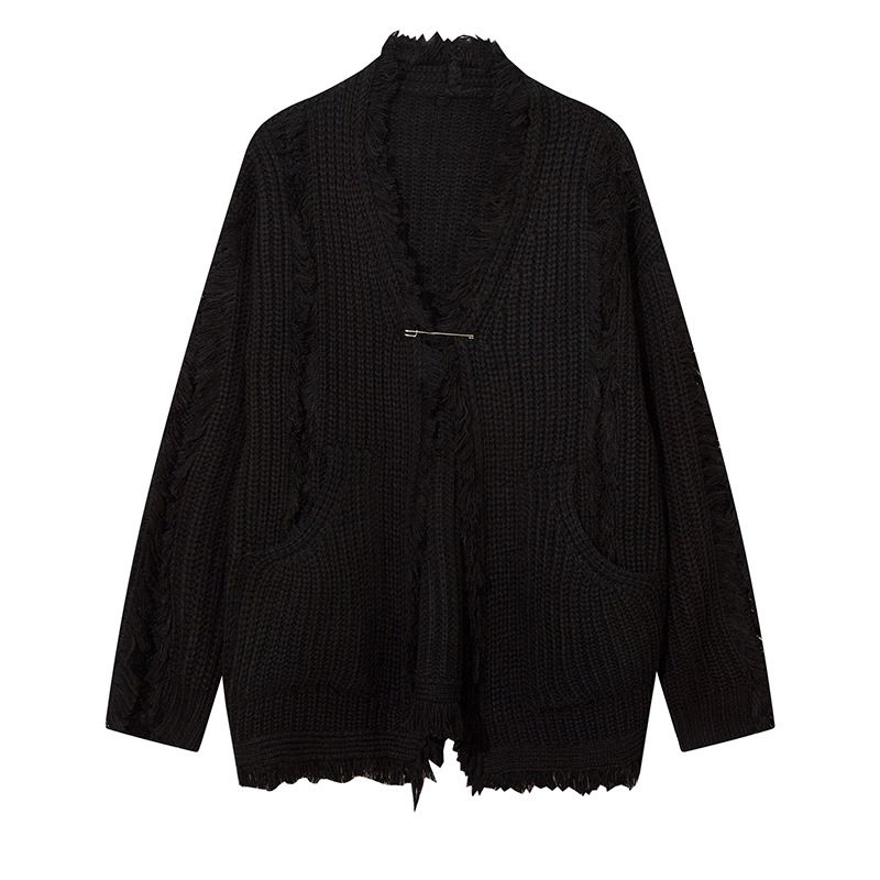 Street Style Tassel Fringe Design Knitted Cardigan For Men Women, Loose And Casual Loose-Fit Sweater_voghion.com