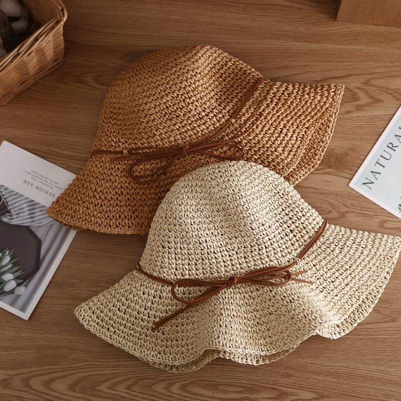Heißer Verkauf Strand Stroh Faltbare Eimer Einfache Feste Farbe Frauen Outdoor Casual Schutz Reise Sonnenhut Gorras_voghion.com