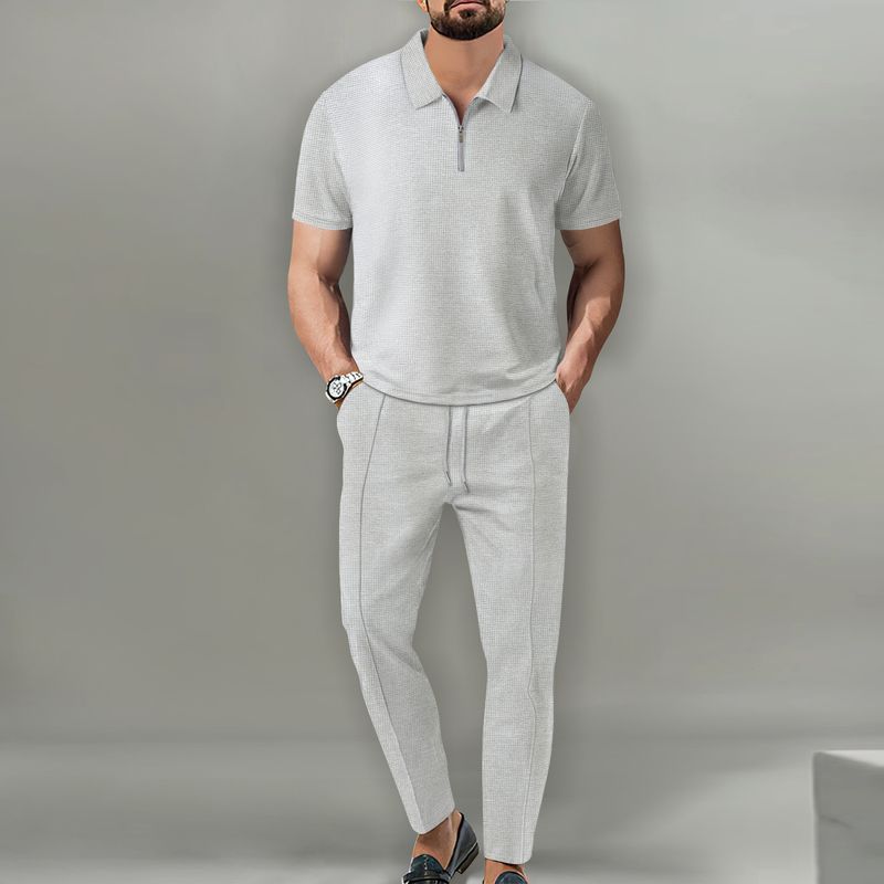 2025 Frühling und Herbst Neue Herren Einfarbig Anzug Waffel Kragen Kurzarm Zipper Lange Hosen Set_voghion.com