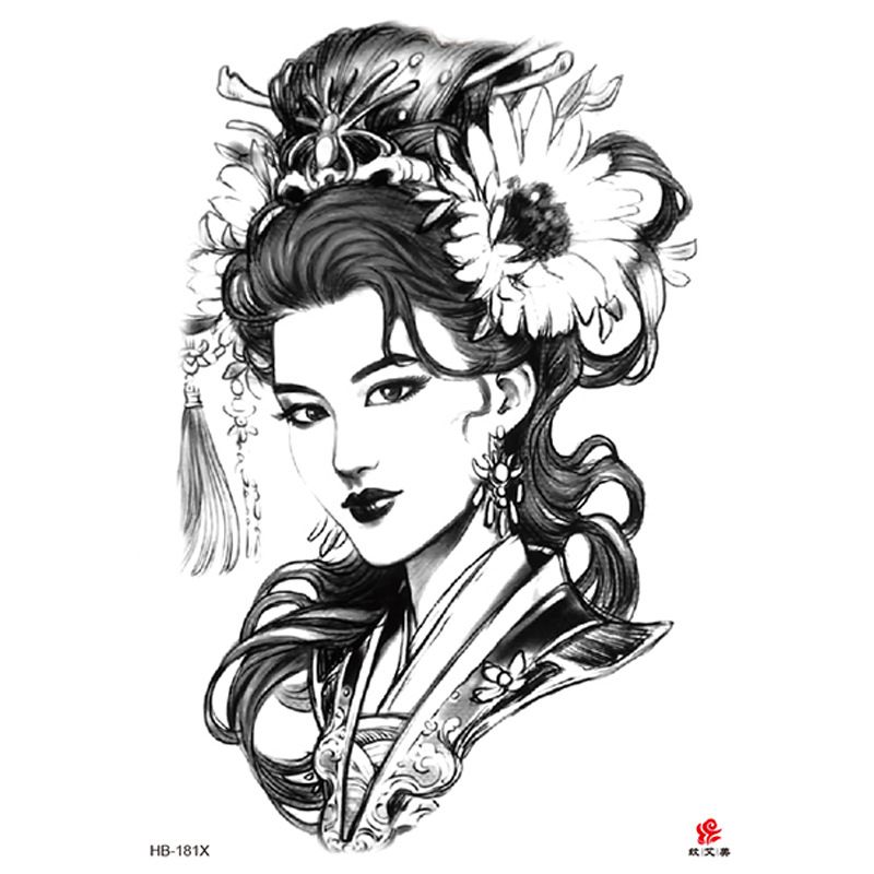 Adesivo per tatuaggio impermeabile con bellezza di geisha e braccio floreale_voghion.com