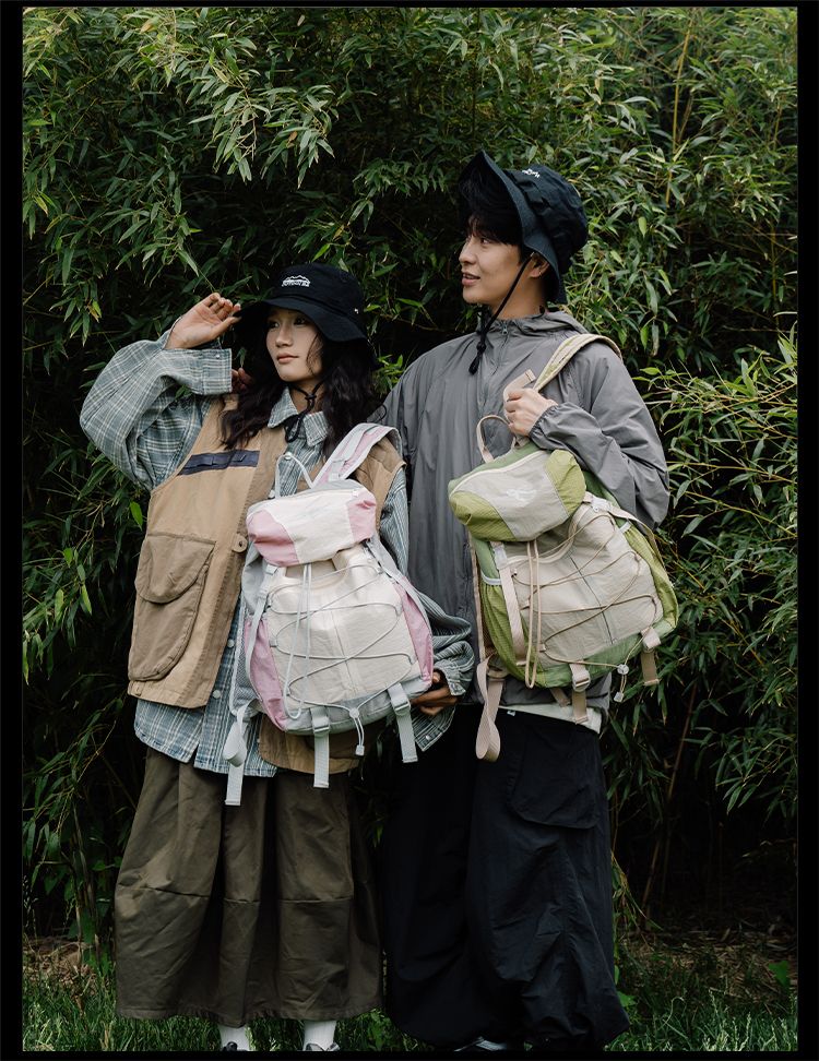 Spring Outing Lightweight Outdoor Sports Color-Block Hiking Trekking Travel Backpack Women Drawstring Large Capacity_voghion.com