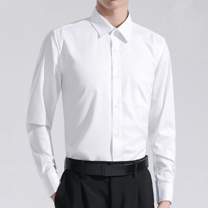 Camicia a maniche corte slim fit casual in stile coreano, da uomo, per ufficio, formale e business, stile coreano, primavera e autunno, bianca pura._voghion.com