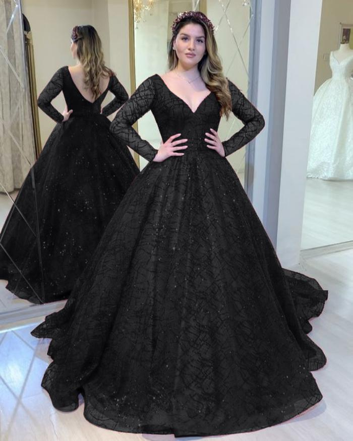Blaues Hochzeitskleid, Herbst und Winter, neues langärmeliges, perlenbesetztes Pailletten-Vollrock, sexy Bankettkleid mit V-Ausschnitt_voghion.com