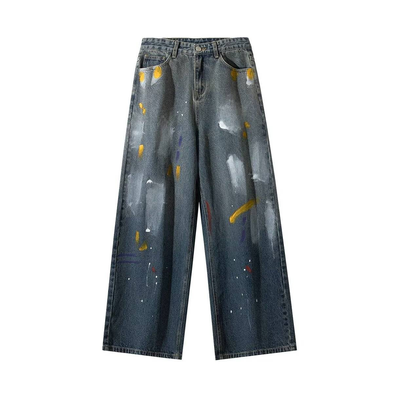 Men's Clothing Fashion brand design paint dot graffiti jeans men's autumn loose straight wide leg pants couple style casual trousers_voghion.com