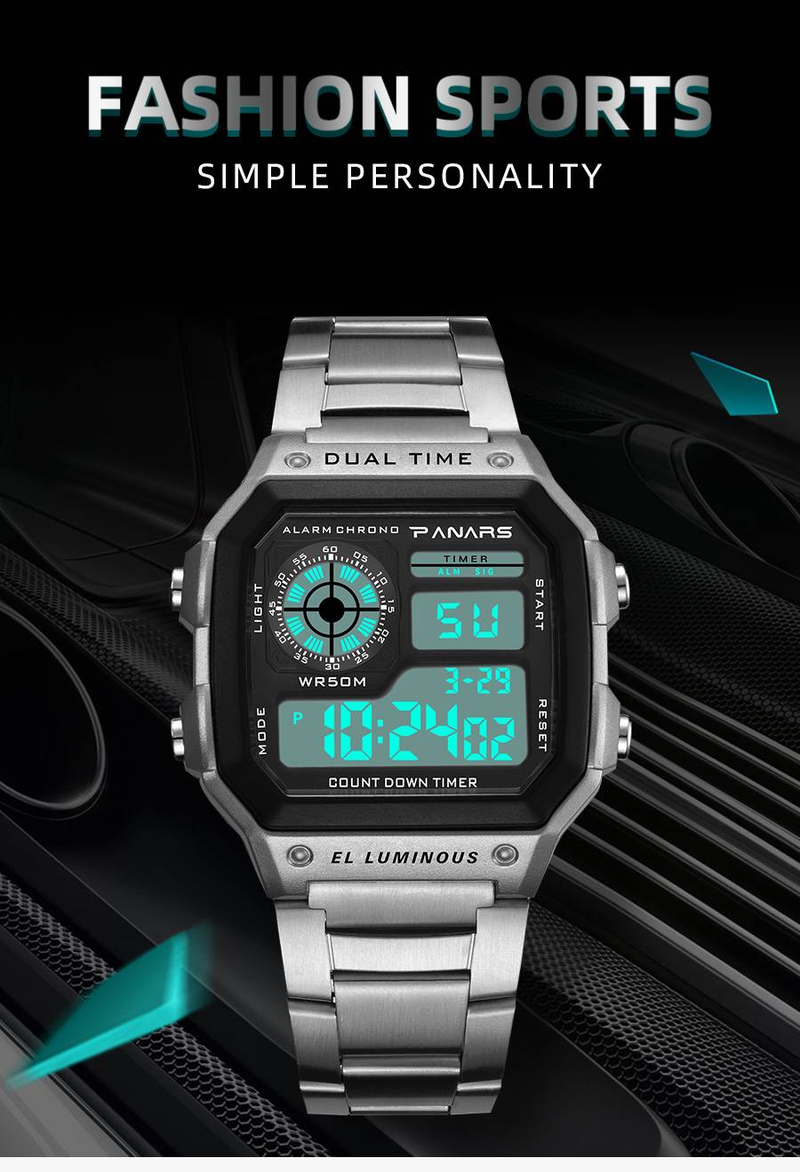 Men's Retro Punk Square Digital Watch With 50m Waterproof, Stainless Steel Band & LED Display - Classic Unisex Fashion Watch For Street Style_voghion.com