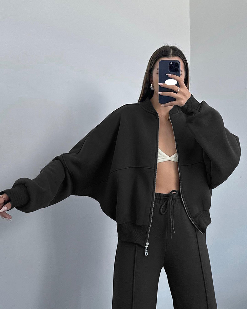 Damen Active Sets Herbst und Winter Einfarbig Reißverschluss Strickjacke Sweatshirt Damenmode Lässiger Gerader Hosenanzug_voghion.com