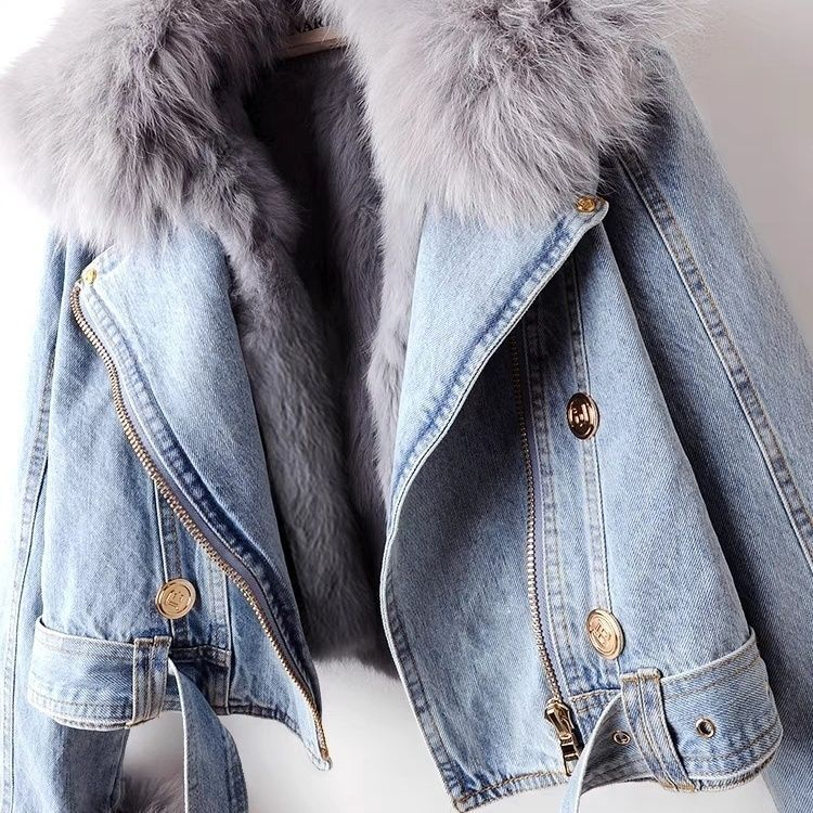 Giacca corta da donna con fodera in pelliccia di volpe sintetica rimovibile e pelliccia di coniglio, giacca in denim_voghion.com