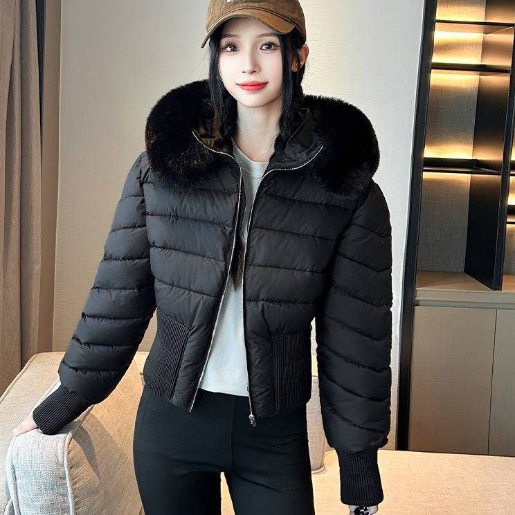 Pufferjacke mit Kunstpelzkapuze für Damen, Winterkurzmantel mit abnehmbarem Kragen, Slim Fit, gesteppte Oberbekleidung in Schwarz/Braun/Creme_voghion.com