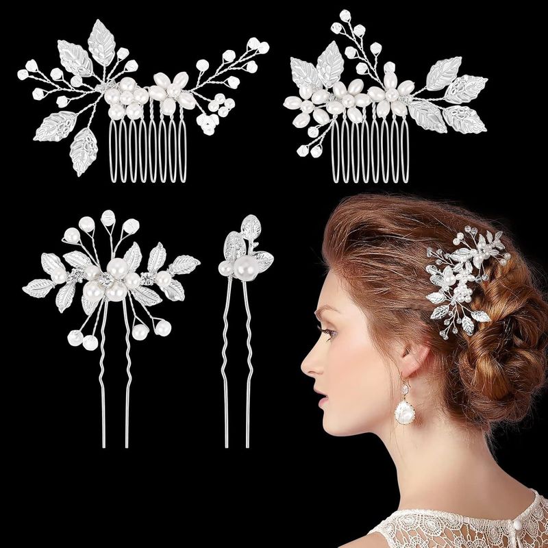 Forcina per capelli con perline, accessorio per acconciatura da sposa con strass, forcina a forma di U con fiore, per donna_voghion.com