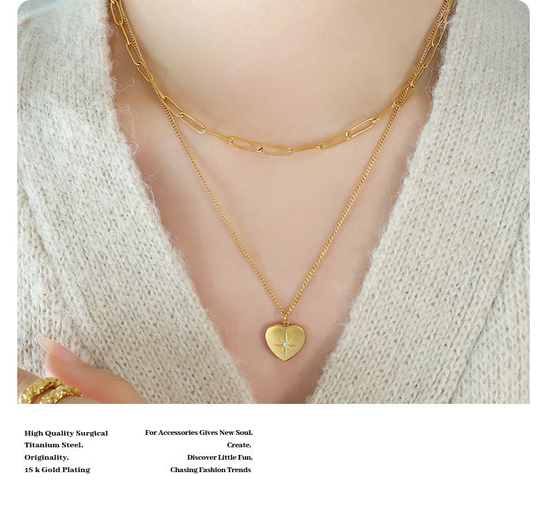 Doppellagige Halskette mit herzförmigem, sternförmigem Zirkonia-Anhänger und vergoldetem Titanstahl, leichter Luxus-Ins-Stil-Schmuck_voghion.com