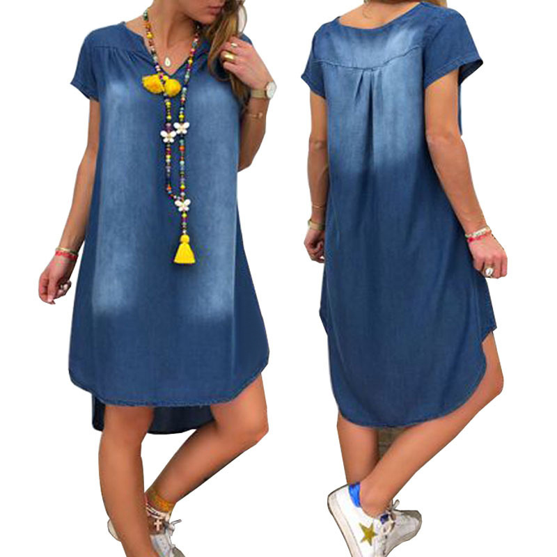 Lässiges, einfarbiges, kurzärmeliges Jeanskleid mit V-Ausschnitt für Damen_voghion.com