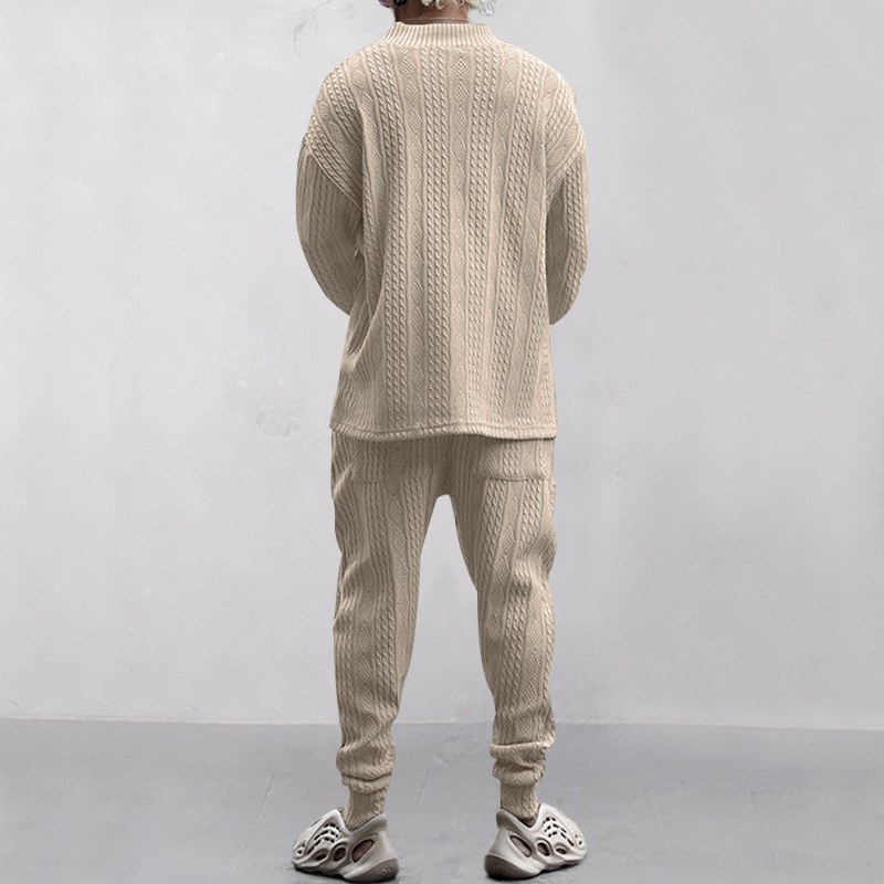 Conjunto de sudadera y jogger de jacquard con cuello en V para hombre: prenda deportiva informal de punto para otoño/invierno, ropa cómoda para estar en casa (tallas S-XXXL)_voghion.com