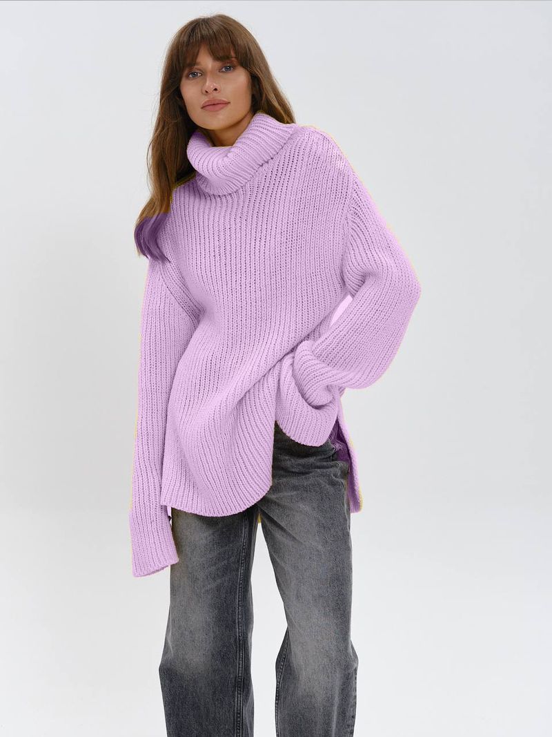 Pull oversize à col montant pour femme – Haut en tricot acrylique doux avec fentes latérales | Pull décontracté d'hiver (blanc/violet/vert)_voghion.com