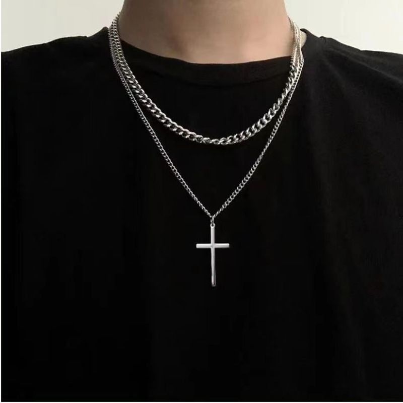 Collana con croce cubana a doppio strato per uomo, tendenza semplice, disco hip hop, clavicola, maglione, felpa con cappuccio, accessori_voghion.com
