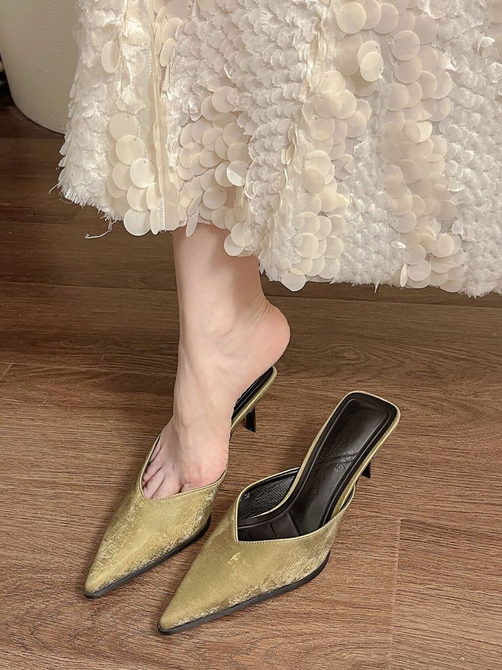 2025 Spring And Summer New Style: Slim, Pointed, Fine Heel, V-neck, Muller High Heels, Temperament Bottom, Baotou Half_voghion.com