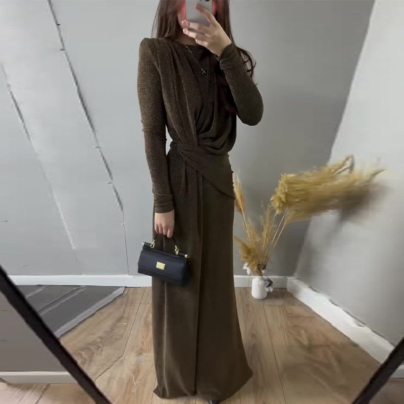 Women's Clothing Sexy Fashion Round Neck Pleated Waist Slim Fit Solid Color Temperament Dress_voghion.com