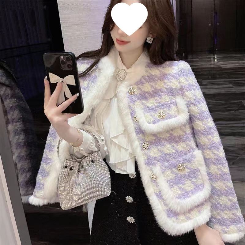 girl Girl Thickened Cotton-Padded New Style Little Fragrance Violet Plaid Socialite Coat Fashionable Women's Sweet Woolen Cotton_voghion.com