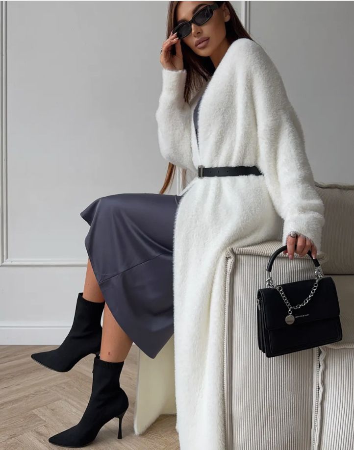 Faux Mink Knit Cardigan – Oversized Long Coat In Plush White (One Size, 100-120cm Length Options)_voghion.com