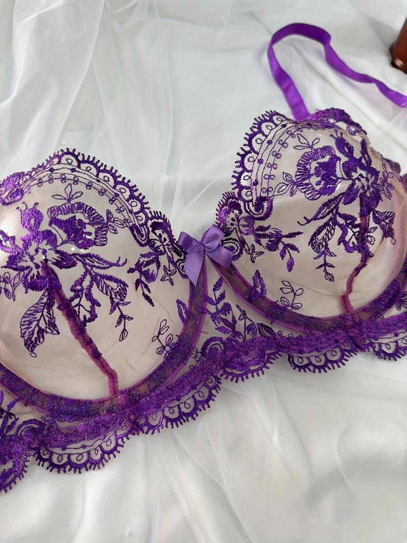 Damen Kleeder Blummen Broderie Perspektiv Mesh Sexy Komfortabel Einfach a generéis Ënnerwäsch Set_voghion.com