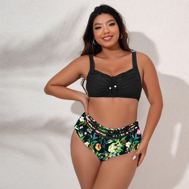 best-selling bikini high-waisted large size split chest swimsuit with beads for women_voghion.com