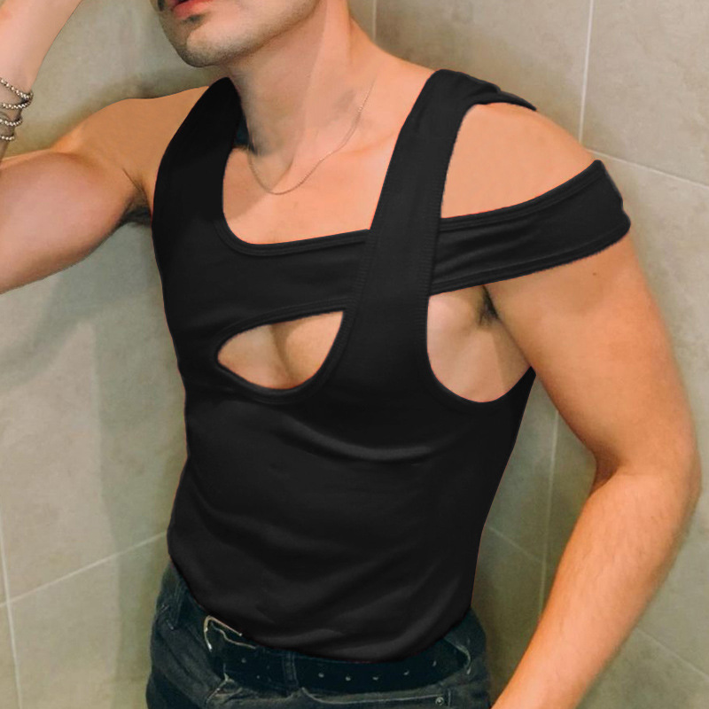 Herenkleding Holle mouwloze basis shirt sexy mannen persoonlijkheid blote schouder hart_voghion.com