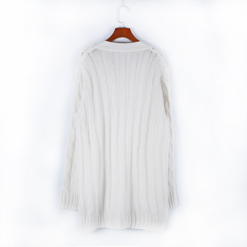 Neuer einreihiger, dicker, langärmliger Strickpullover-Cardigan-Mantel für Herbst und Winter mit verdrehter Tasche für Damen_voghion.com
