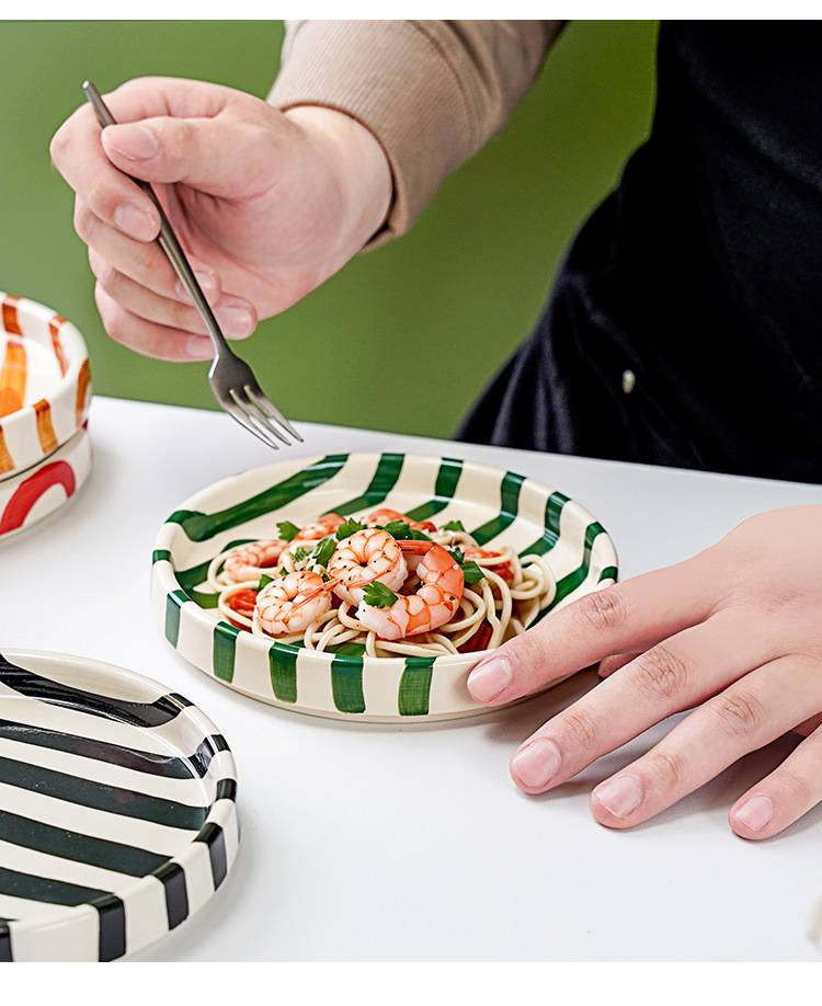 Hand-Painted Ceramic Plate - 9 Inch Korean Style Striped Dessert Plate With Raised Edge For Food Presentation (Set Of 4)_voghion.com